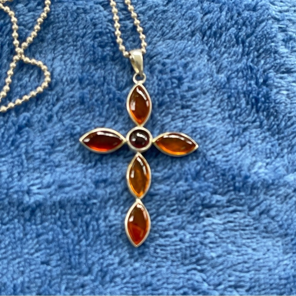Vintage Baltic Amber Pendant Cross in Sterling Silver Necklace With Chain - Picture 2 of 6